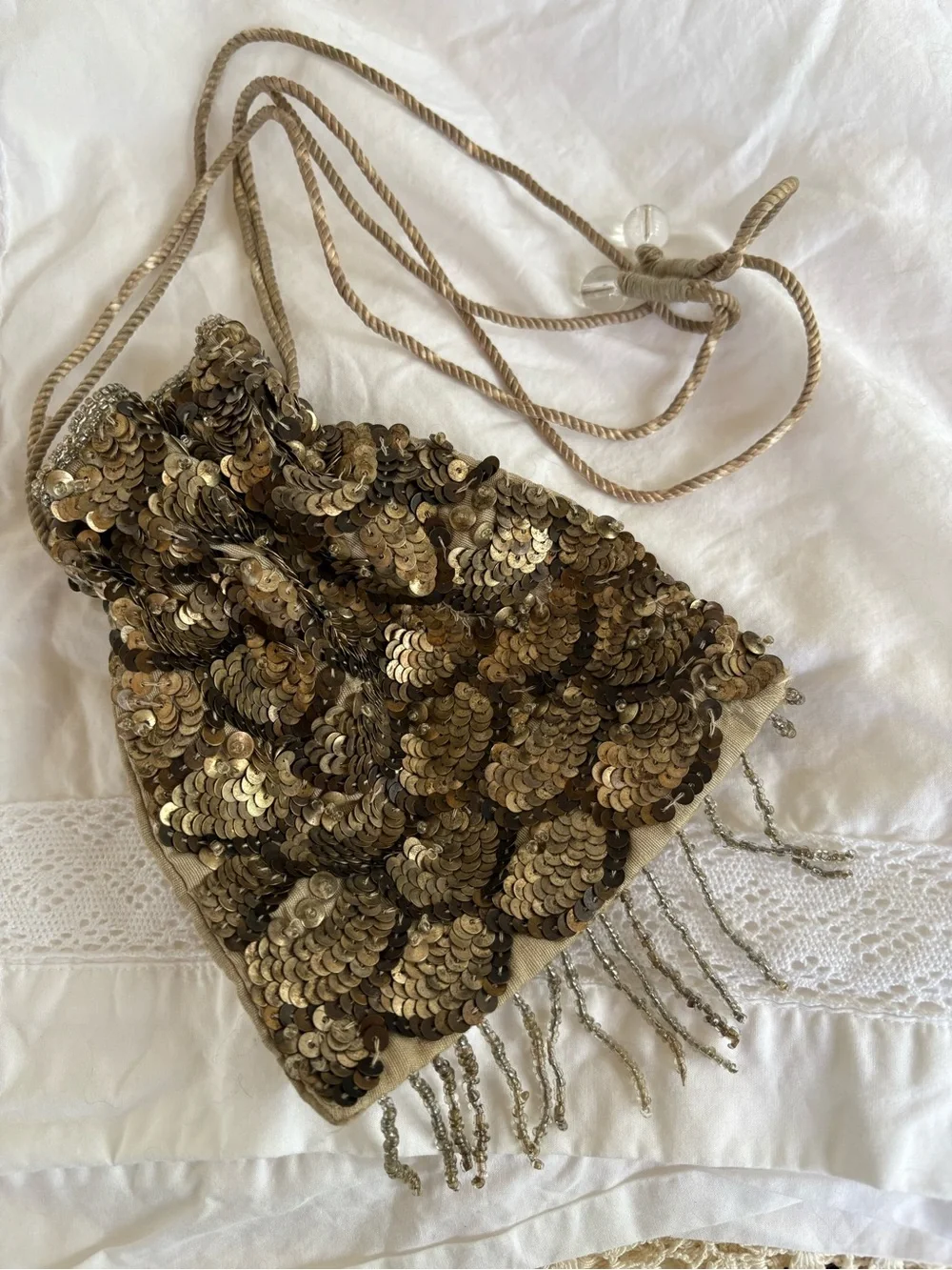Vintage Gold Sequin Evening Clutch Bag with Fringe